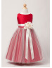 A-line Satin Tulle Knee Length Flower Girl Dress With Flower Sash